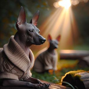A thoughtful adult Xoloitzcuintle dog sitting attentively outdoors with a calm, warm natural light highlighting its sleek hairless skin, alongside subtle hints of responsible care like a cozy dog coat draped nearby and gentle greenery in the background, conveying heritage, dedication, and specialized well-being.