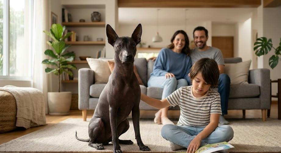 Xoloitzcuintle temperament portrait of a calm dog sitting in a family home setting