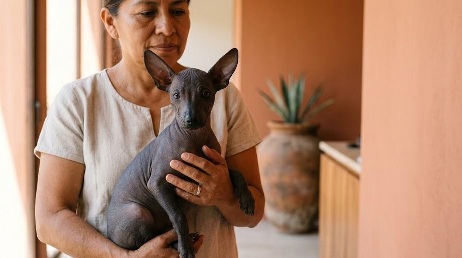 Xoloitzcuintle price in Mexico with a purebred Xoloitzcuintle dog in background