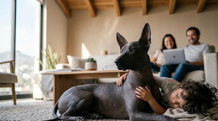 Xoloitzcuintle dog standing in a traditional Mexican courtyard