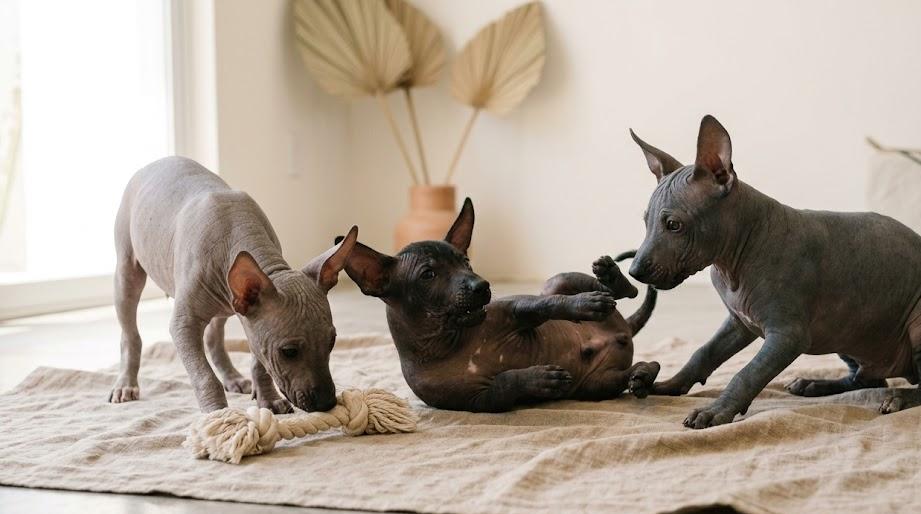 Xoloitzcuintle puppies for sale in Mexico playing outdoors in a grassy area