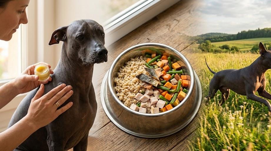 Xoloitzcuintle care dog standing outdoors showcasing its skin and posture