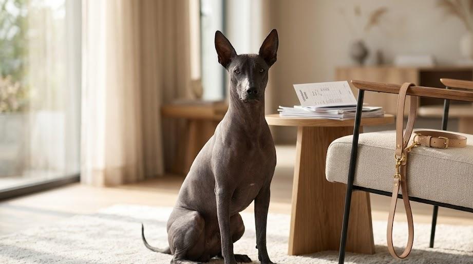Close-up of a xoloitzcuintle dog showcasing its smooth black skin and alert expression