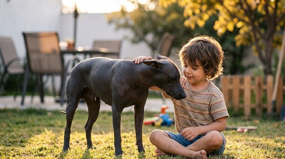 Xoloitzcuintle good with kids dog playing with children in a park